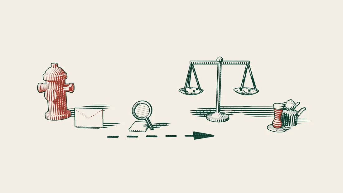 A red envelope and a stack of papers under a magnifier travel along an arrowed path from a red fire hydrant to a balance beside a Turkish tea set.