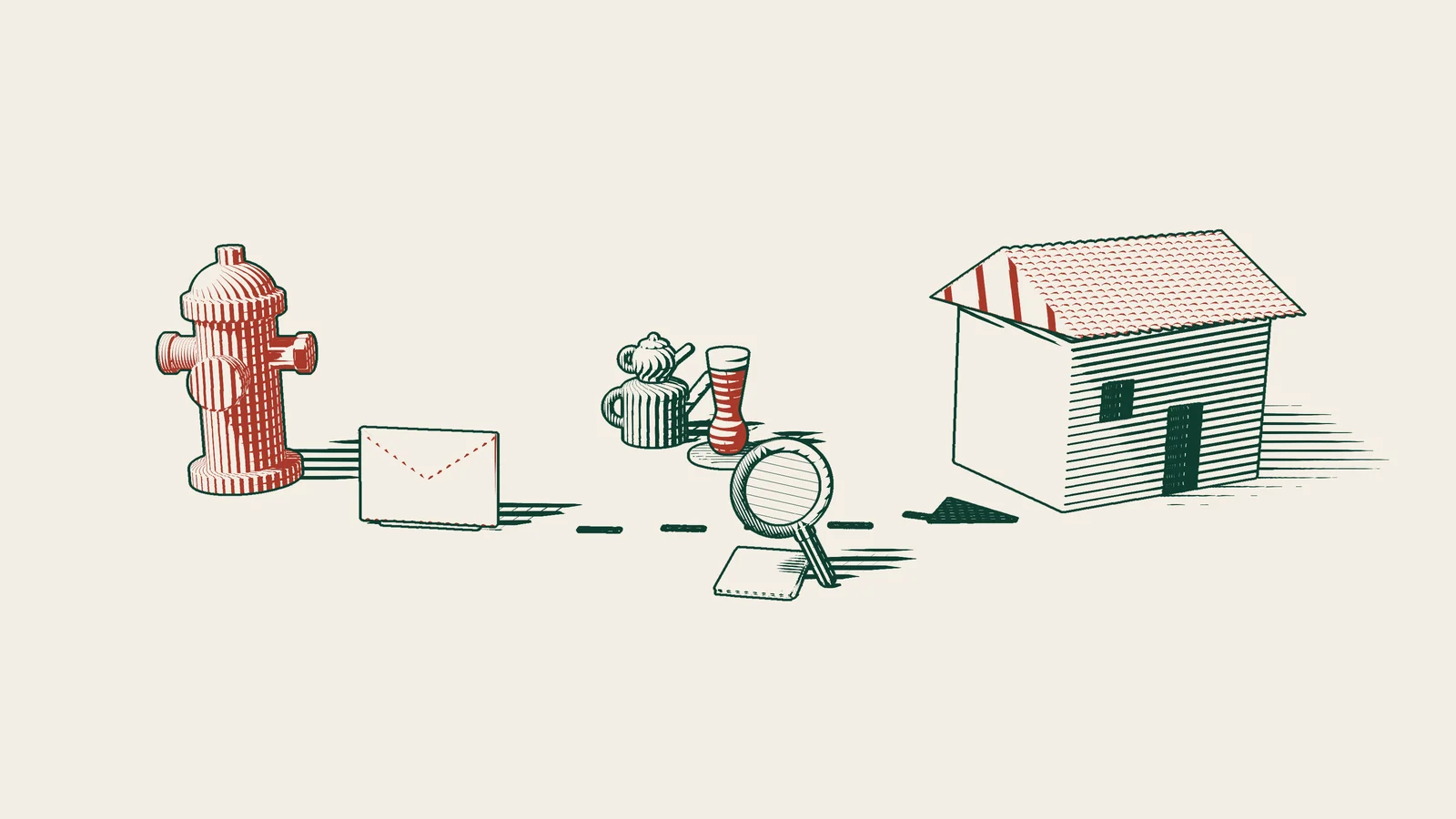 Engraving: a red envelope follows an arrowed path from a red fire hydrant to the door of a house, past papers under a magnifier and a Turkish tea set.