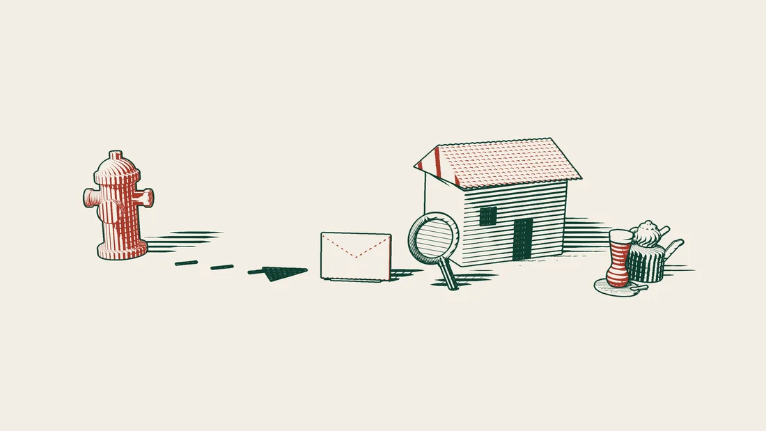 An envelope sent from beside a red fire hydrant has reached the front of a house, with a magnifying glass lying next to it.