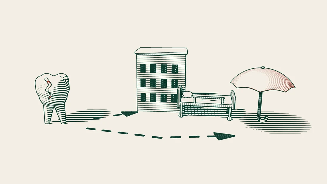 A red cracked tooth model with two arrow paths, one to a building and hospital bed and the other to an open umbrella in the distance.