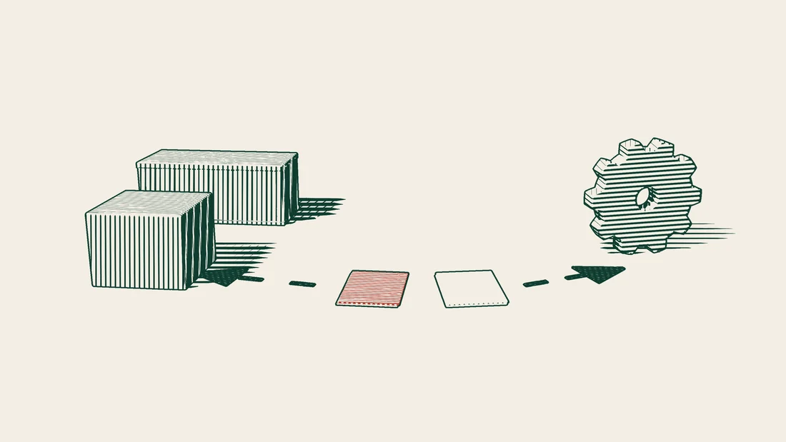 Shipping containers and a crate on the left, a red and a white document side by side, and dashed arrows leading from them to the crate and to a cogwheel.