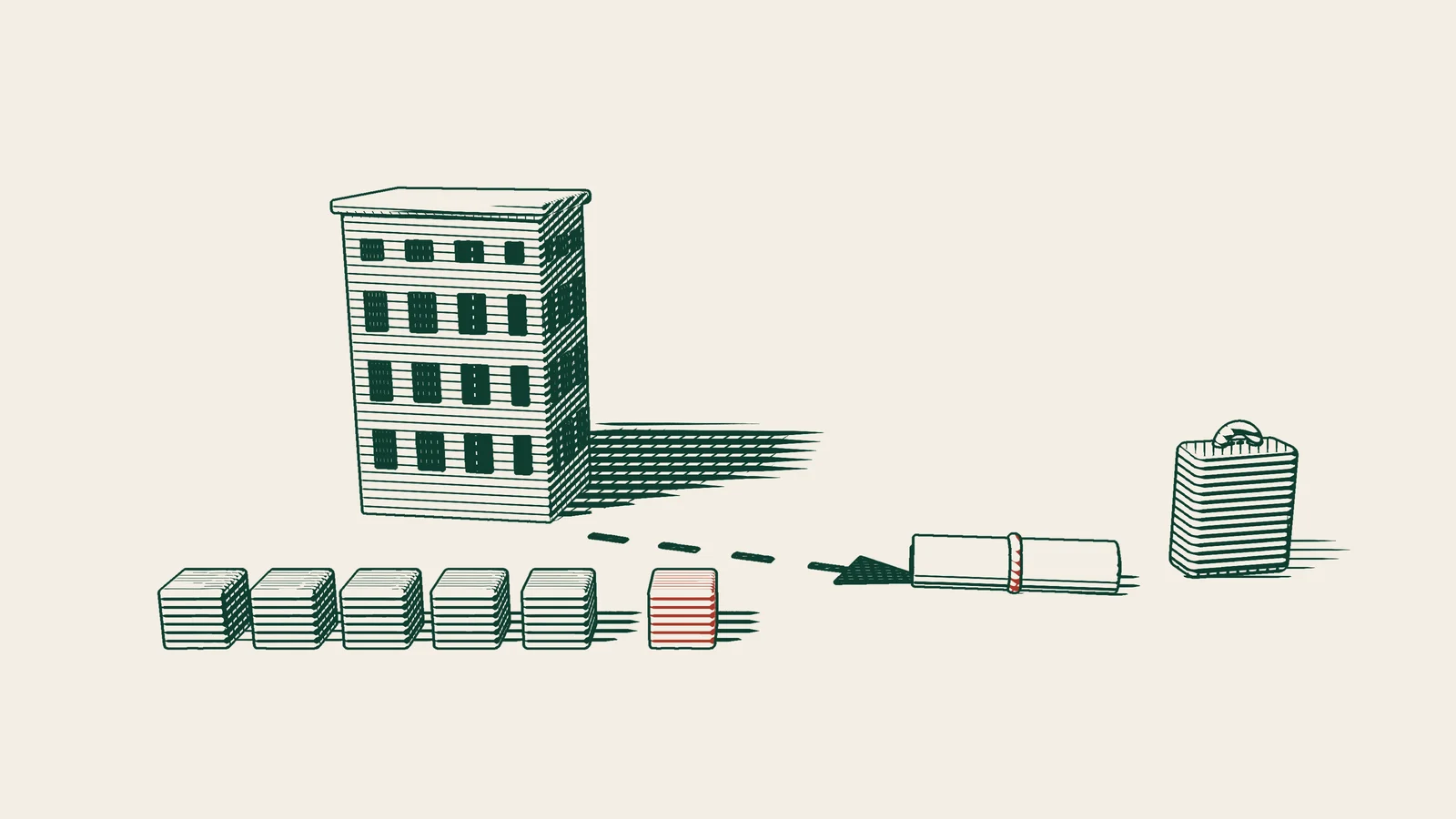 Engraving: five plain blocks and one red block in a row before a company building, with an arrowed path to a ribbon-tied permit document and a suitcase.