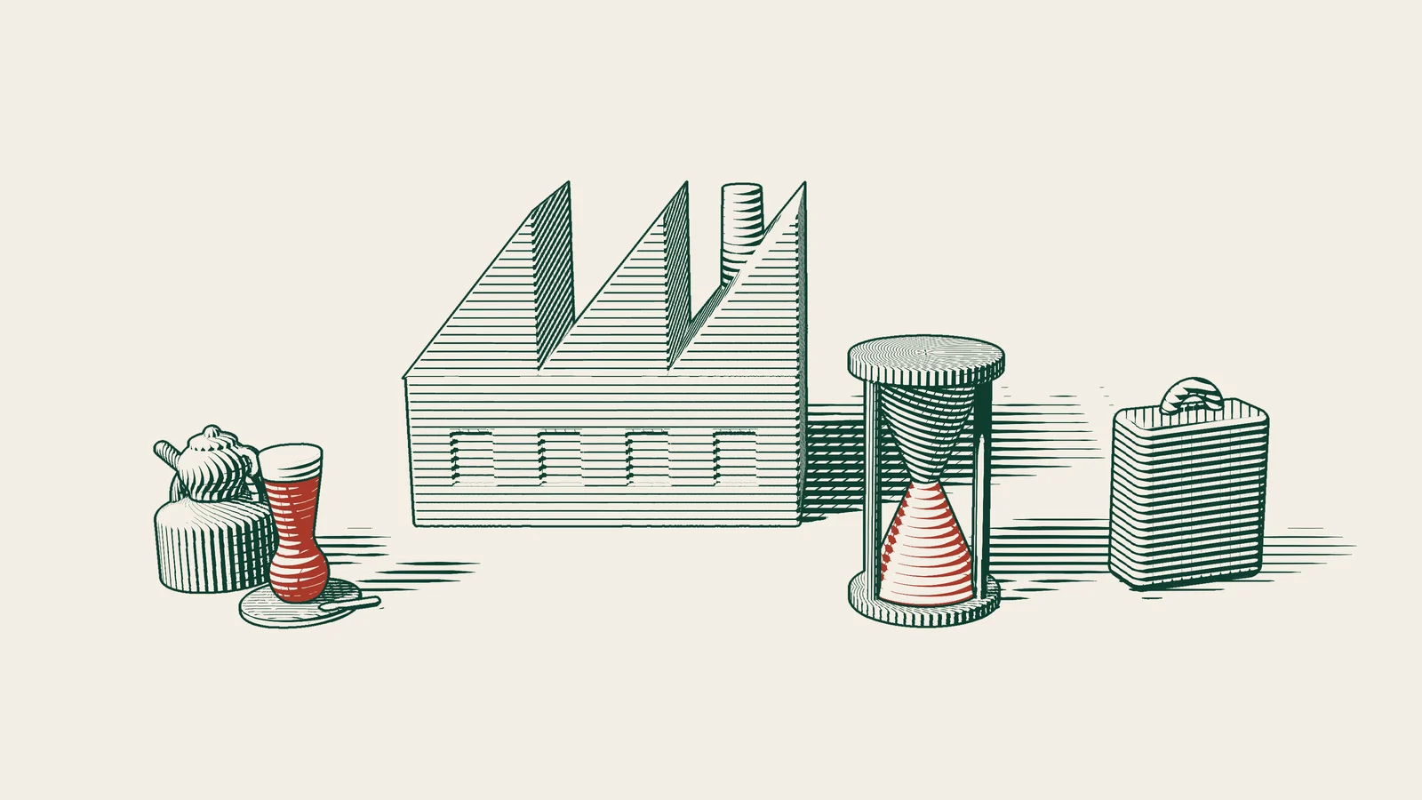 Engraving: a factory with an hourglass and a travel suitcase in front of it, and a Turkish tea set to the left.