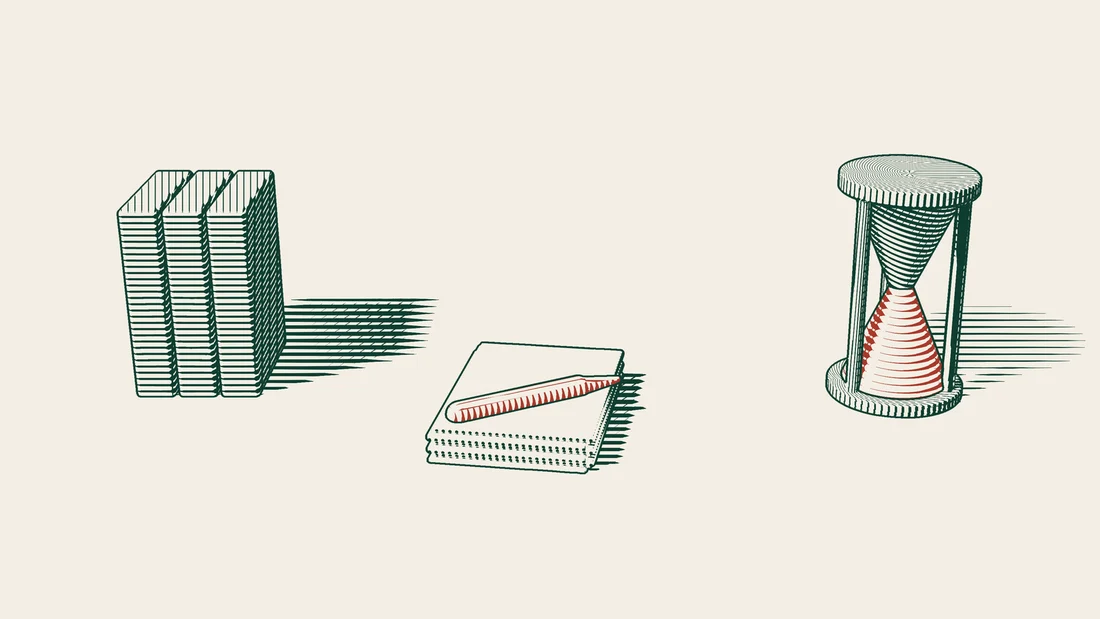 Three binders, a thick stack of blank record sheets with a red fountain pen on top, and an hourglass.
