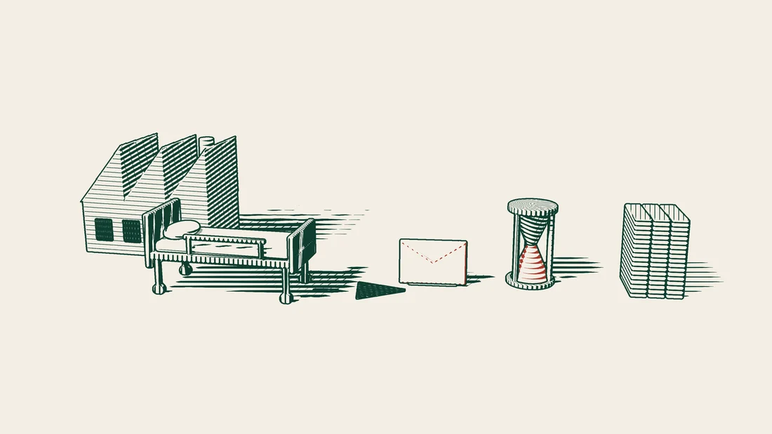 A hospital bed beside a factory, with an arrowed path running to a red envelope, then to an hourglass and a file folder.