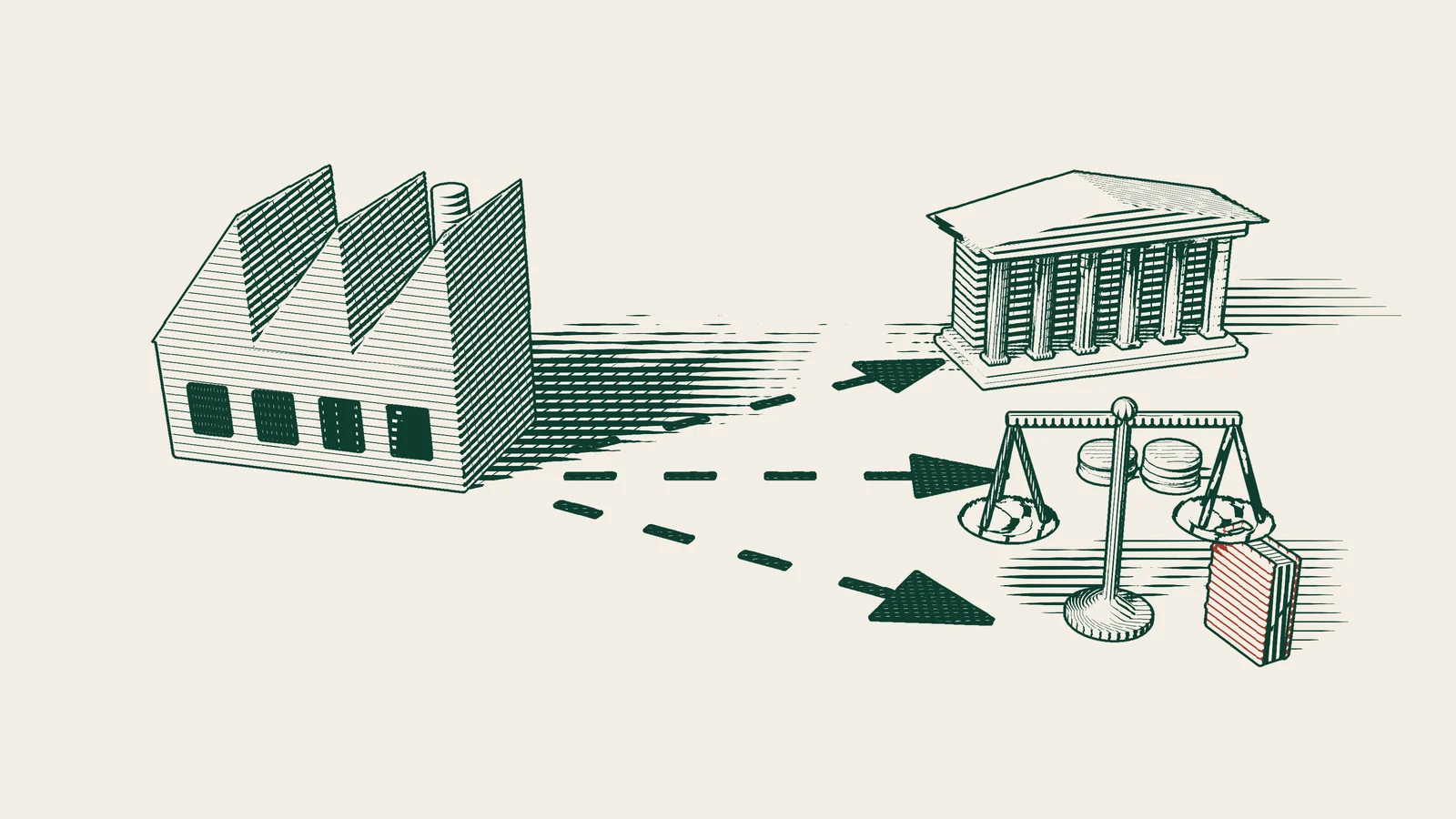 Engraving: three arrowed paths leading from a factory, to a columned institutional building, to towers of coins, and to a scale and a red-bound book.