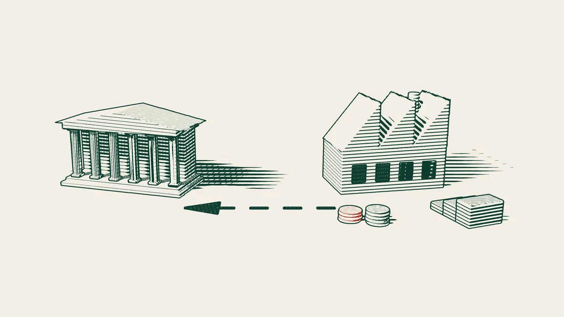 An arrowed road leads from towers of money in front of a factory to a columned institutional building, with a toppled ladder beside the factory.