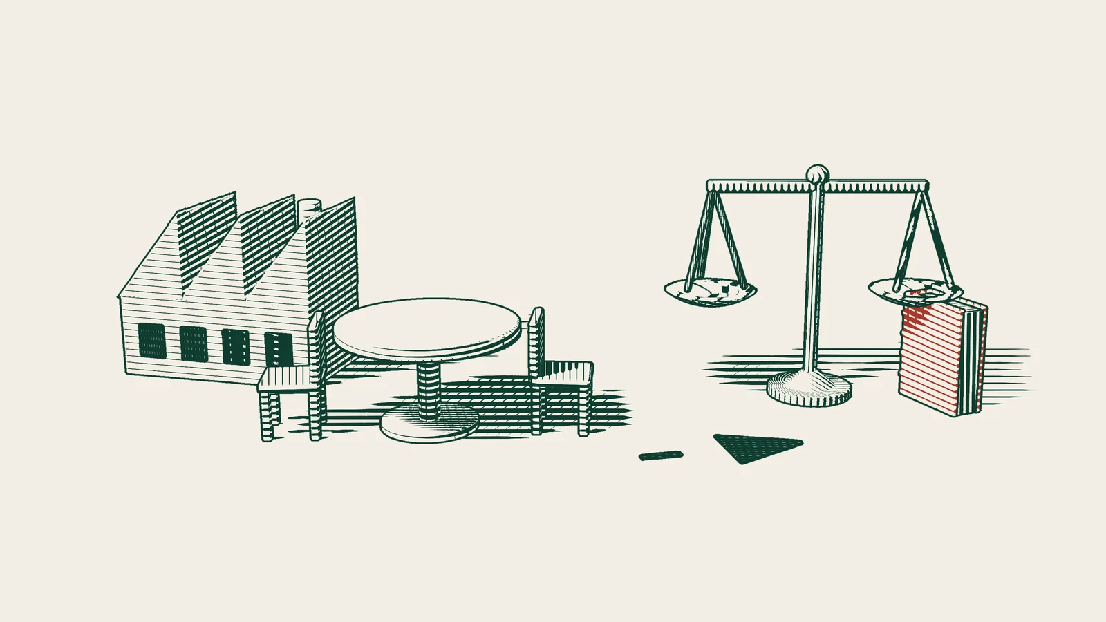 Engraving: a round table with two chairs in front of a factory, and an arrowed path leading to a scale and a red-bound book.