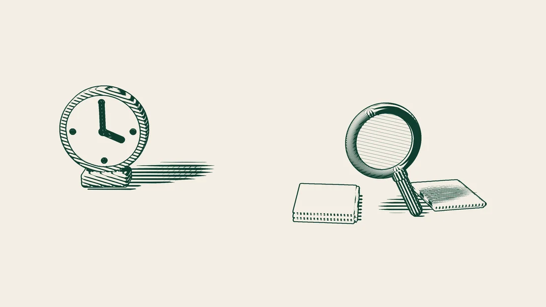 A desk clock without numerals and stacks of blank records, with a magnifying glass resting on them.