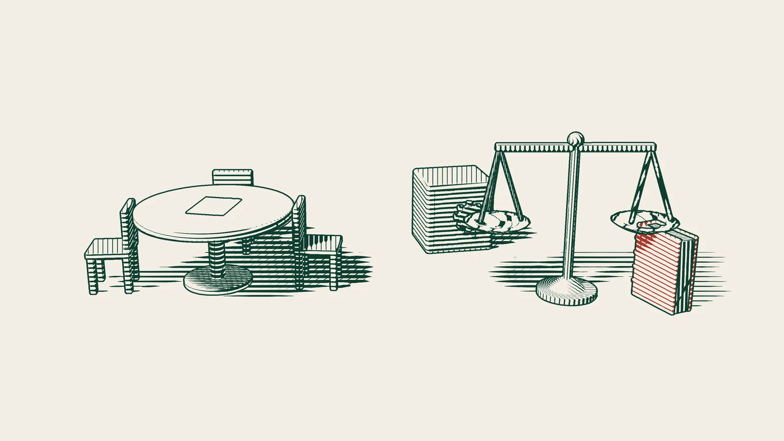 Engraving: a boardroom table with chairs, and a company safe and a scale standing beside it.