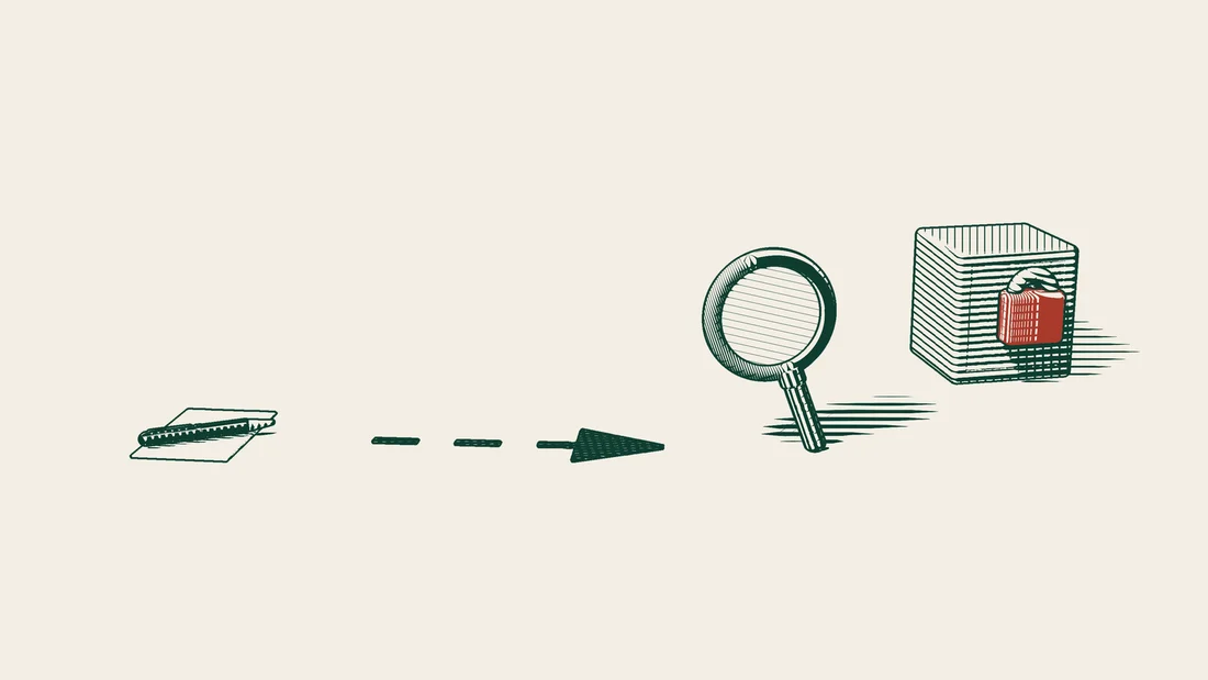 A blank sheet with a pen, a dashed arrow leading to a magnifying glass, and a safe box with a red padlock on the right.