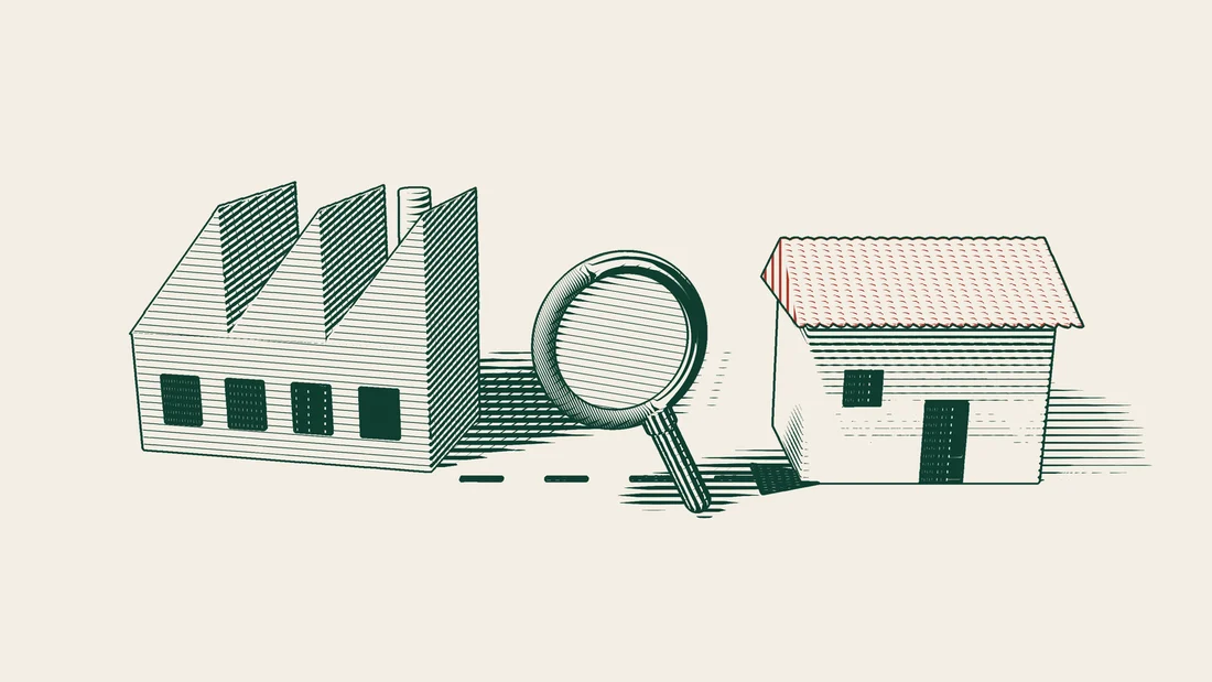 A dashed path runs from a factory to a house, with a large magnifying glass held over the path.