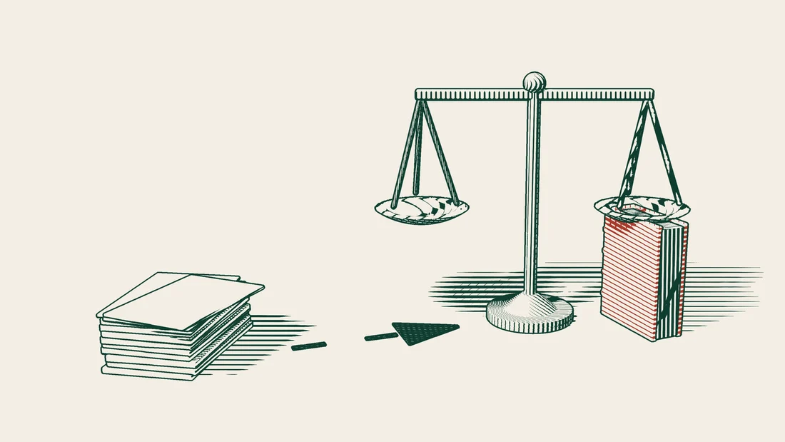 A stack of blank invoices with a dashed path to a balance scale and a red-bound book, the symbols of a court.