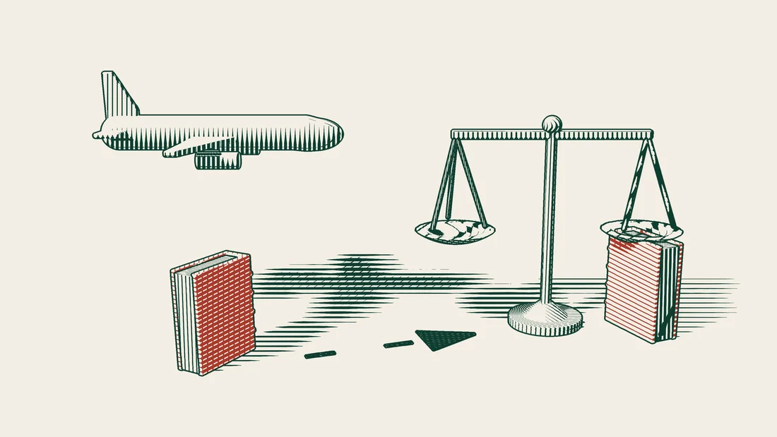 An aeroplane above a red-bound book, from which a dashed path leads to a balance scale and a second red-bound book.