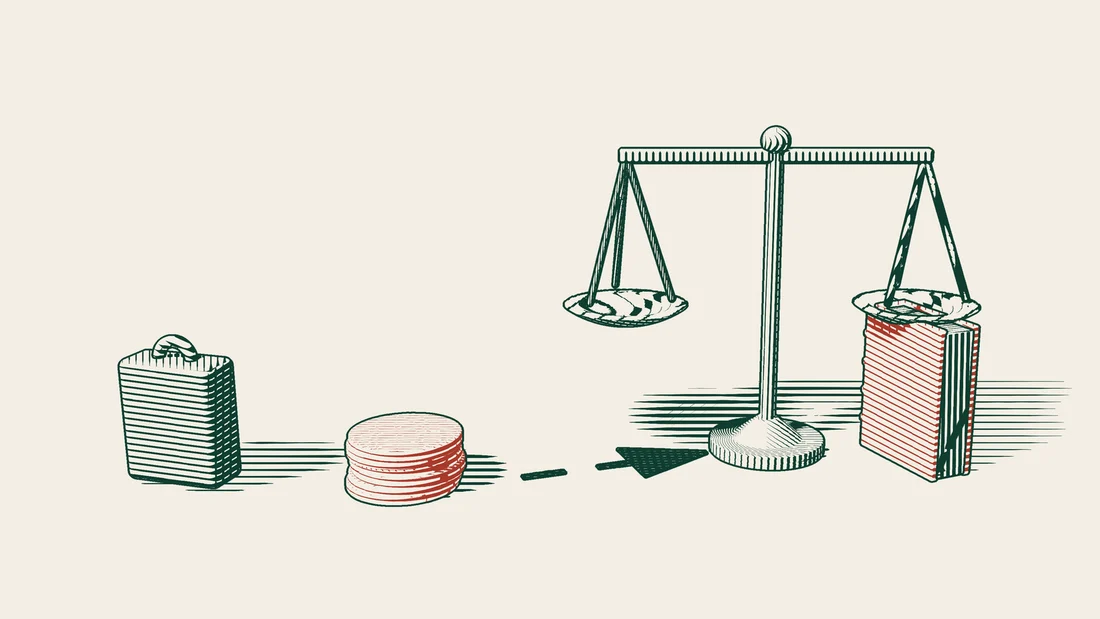 A suitcase and a stack of red coins lead along a dashed path to a balance scale and a red-bound book.