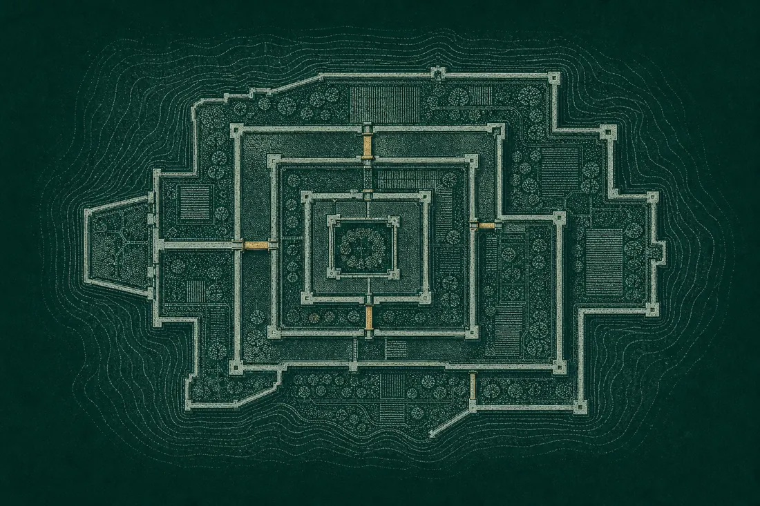 Survey plate: nested walled enclosures locking into one another, level contours stepping outward