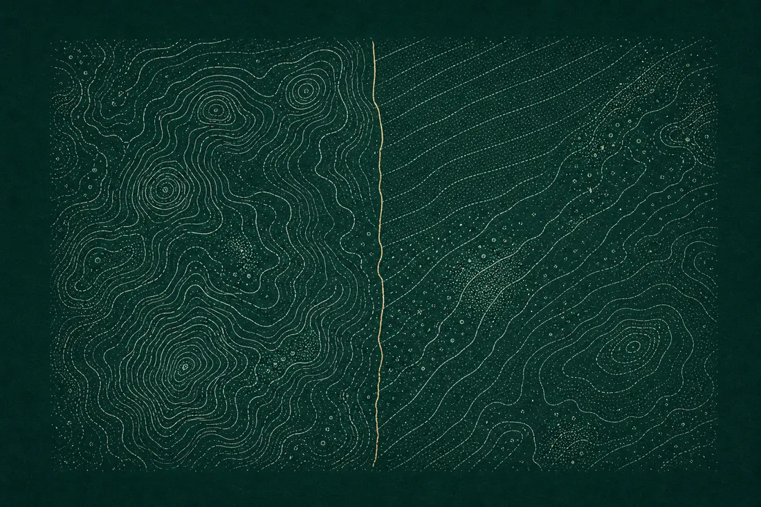 Survey plate: two adjoining fields measured at different intervals, meeting along a seam that does not connect