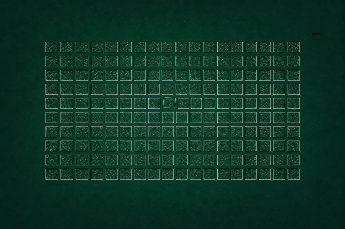Survey plate: a field of identical plots in strict rows, one of them rotated out of line