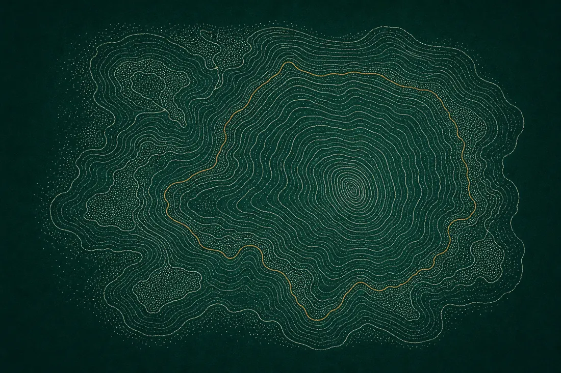 Survey plate: concentric contours descending in even steps to a single low point, one traced in gold