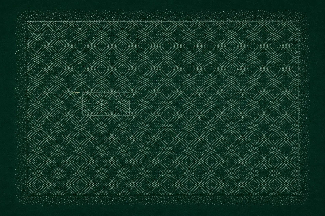 Survey plate: a dense lattice of interlaced hairlines, one small area repeated slightly out of register