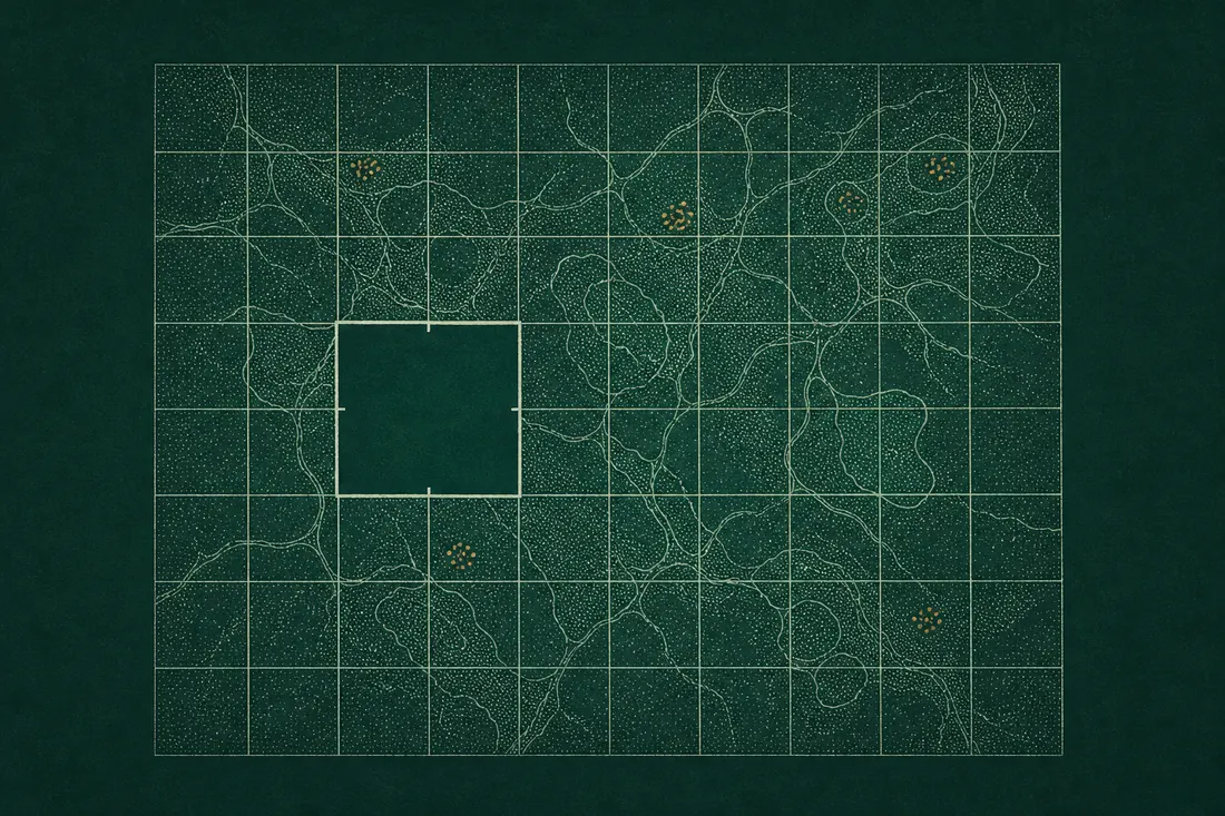 Survey plate: a strict grid of cells with one aperture where four cells open into a clear square