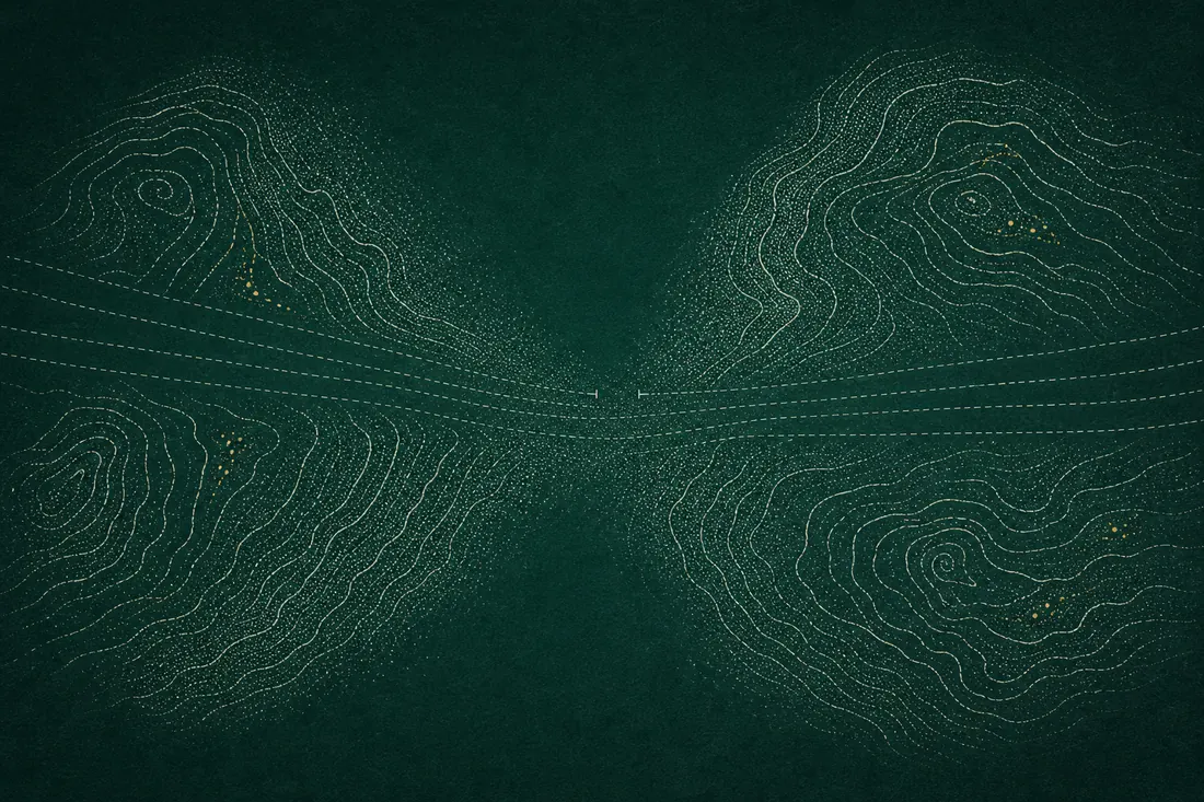Survey plate: two hill masses leaving a narrow gap, with transit lines crossing the frame through it